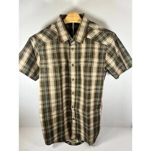 PrAna Shirt Men's Med Short Sleeve Button Up Brown Plaid Organic Cotton Hiking‎